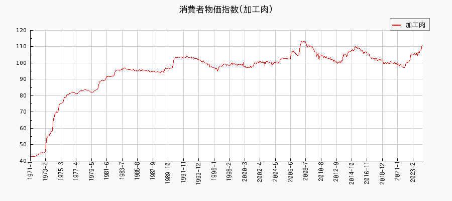 東京都区部の加工肉に関する消費者物価(月別／全期間)の推移