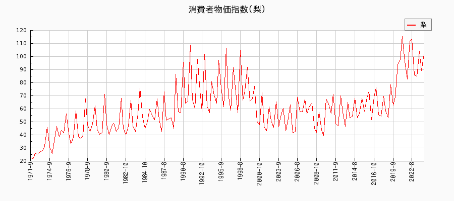 東京都区部の梨に関する消費者物価(月別／全期間)の推移