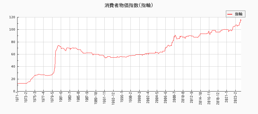 東京都区部の指輪に関する消費者物価(月別／全期間)の推移