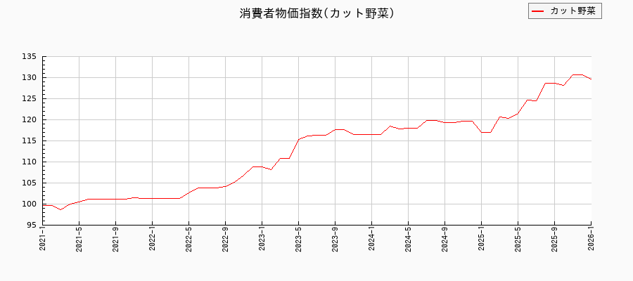 東京都区部のカット野菜に関する消費者物価(月別/全期間)の推移