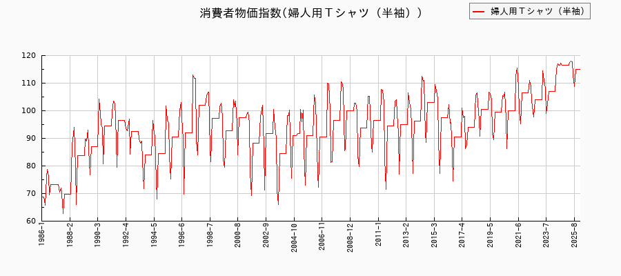 東京都区部の婦人用Tシャツ(半袖)に関する消費者物価(月別/全期間)の推移