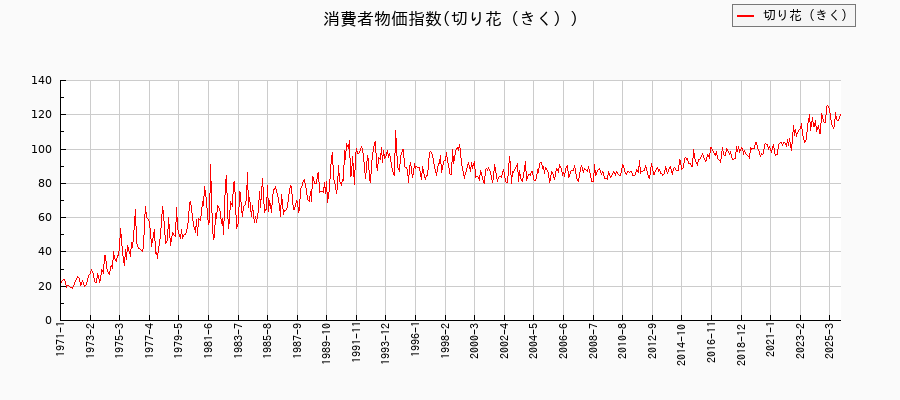 切り花（きく）に関する消費者物価(月別／全期間)の推移